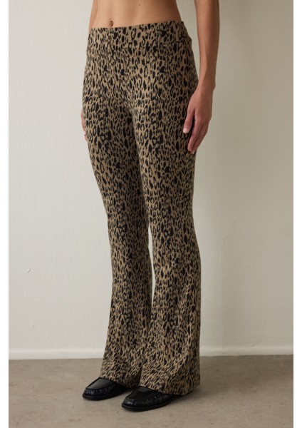 Leopar Desenli Yüksek Bel İspanyol Paça Pantolon