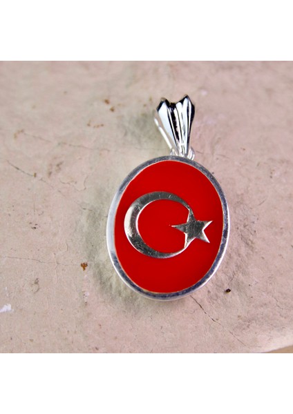 Kırmızı Mineli Türk Bayrağı 925 Ayar Gümüş Madalyon Kolye Ucu