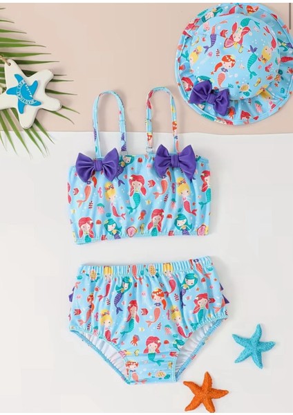 Deniz Kızı Bebek Mayo Bikini Takımı Şapkalı Korumalı