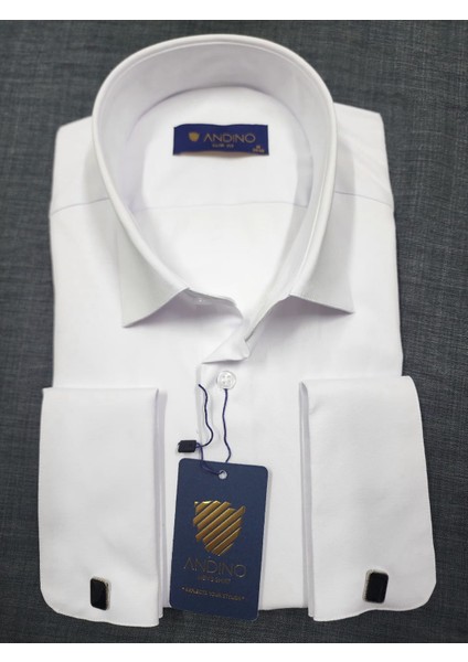 Erkek Gömlek Beyaz Duble Manşet Likra'lı Dar Kesim Esnek Kumaş