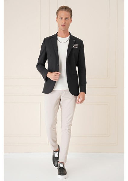 Comfort Fit Çift Yırtmaç Fleto Cep Esnek Pamuk Casual Siyah Ceket C 675