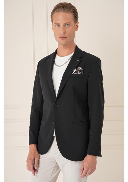 Comfort Fit Çift Yırtmaç Fleto Cep Esnek Pamuk Casual Siyah Ceket C 675