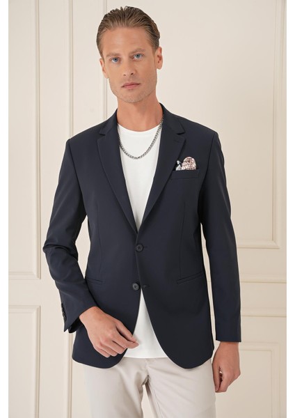 Comfort Fit Çift Yırtmaç Fleto Cep Esnek Pamuk Casual Lacivert Ceket C 675