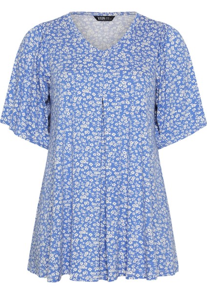 Büyük Beden V Yaka Desenli Asimetrik Kesim Likralı Bluz 303134