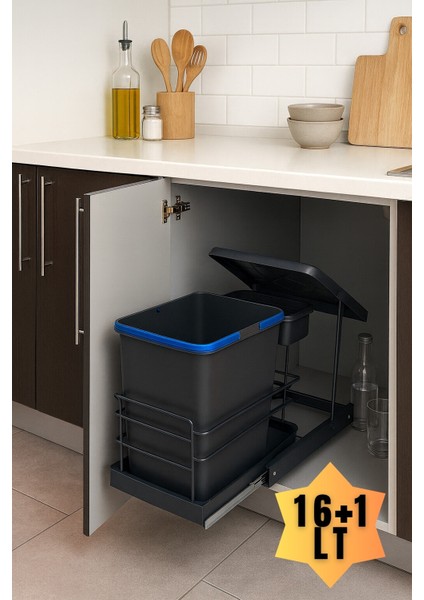 Cassone 16+1 Litre Dolap Içi Raylı Teleskopik Antrasit Çöp Kovası, Minimum Kapak Genişliği 40 cm