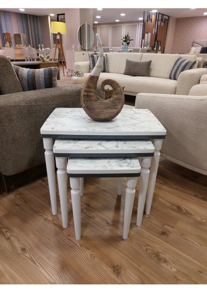 3lü Lüx Zigon Sehpa Beyaz Mermer Antrasit