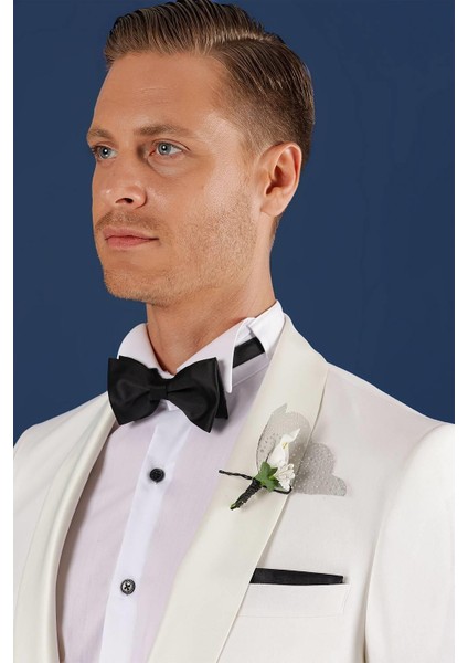 Black 034 Slim Fit Saten Yaka Çift Yırtmaçlı Damatlık Ekru Smokin Ceket