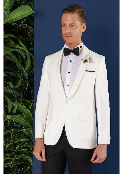 Black 034 Slim Fit Saten Yaka Çift Yırtmaçlı Damatlık Ekru Smokin Ceket