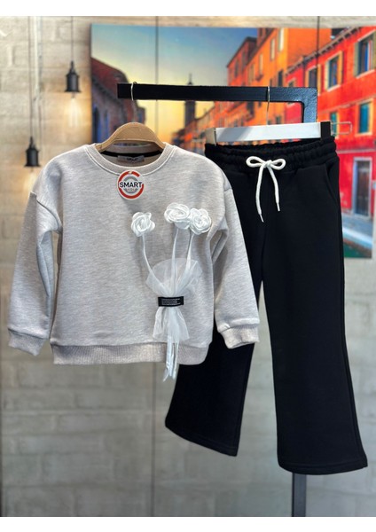 G-Smart Kids Çiçek Detaylı Geniş Paça Kız Çocuk Eşofman Takım 3-10 Yaş