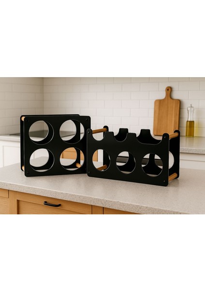 Tezgah Üstü Masa Üstü 6'lı ve 4’lü Set Metal Şaraplık Standı ve Şişe Standı Siyah (Set)