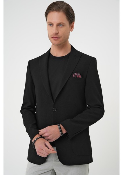 Slim Fit Mono Yaka Torba Cep Çift Yırtmaçlı Casual Siyah Ceket C 711