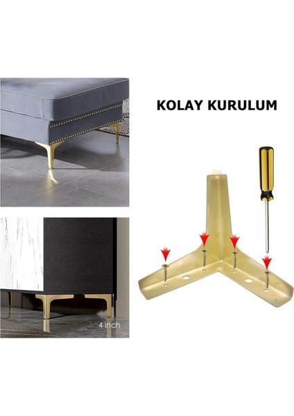 (4 Adet) 12cm Modern Gold Metal Mobilya, Dolap, Koltuk, Tv Ünitesi Ayakları