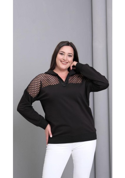 Kadın Büyük Beden Taş Detaylı V Yaka Kapüşonlu Omuz Kafes File Detaylı Viskon Sweatshirt Siyah