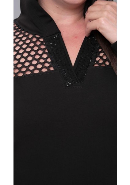 Kadın Büyük Beden Taş Detaylı V Yaka Kapüşonlu Omuz Kafes File Detaylı Viskon Sweatshirt Siyah fiyatları