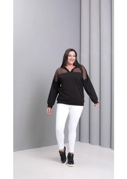 Kadın Büyük Beden Taş Detaylı V Yaka Kapüşonlu Omuz Kafes File Detaylı Viskon Sweatshirt Siyah modelleri