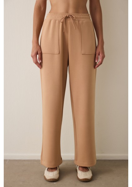 Açık Kahverengi Modal Düz Paça Yüksek Bel Önü Cepli Pantolon