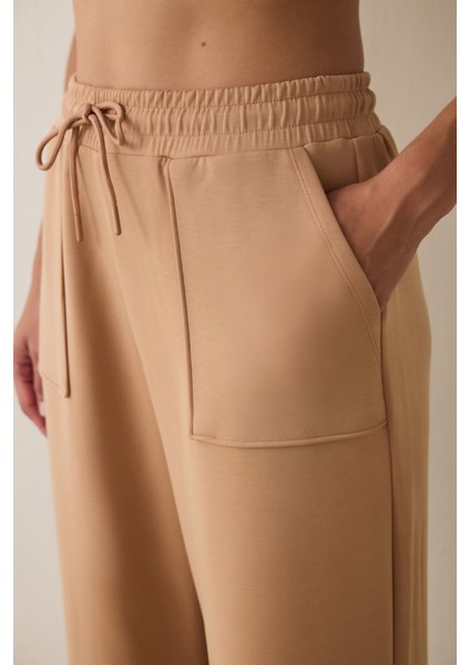 Açık Kahverengi Modal Düz Paça Yüksek Bel Önü Cepli Pantolon modelleri