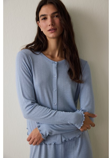 Açık Mavi Dahlia Bisiklet Yaka Uzun Kollu Termal Etkili Pijama Takımı fiyatları