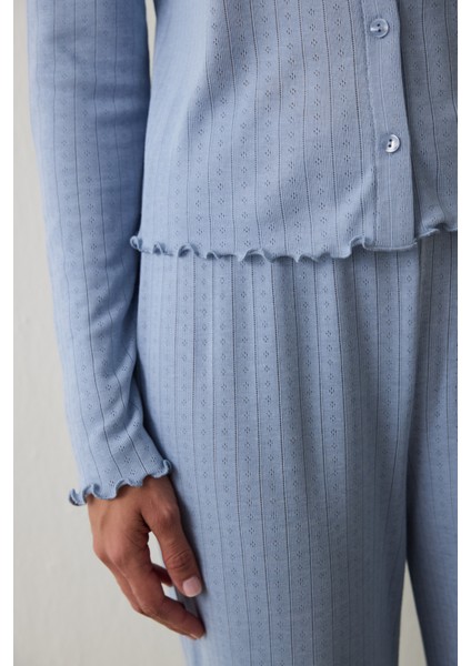 Açık Mavi Dahlia Bisiklet Yaka Uzun Kollu Termal Etkili Pijama Takımı modelleri