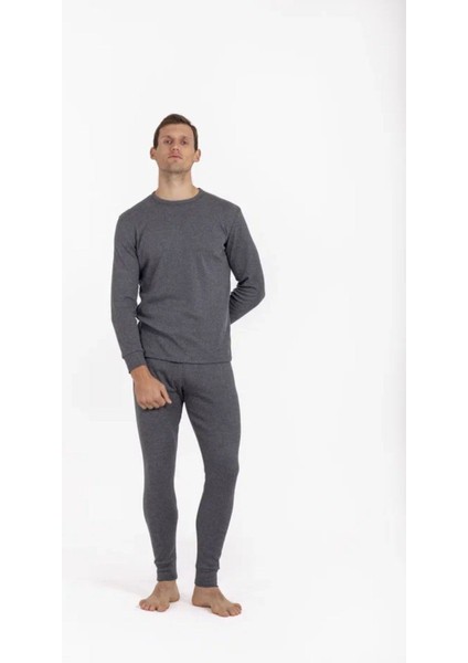 Unisex Çizgili Kışlık Uzun Kollu Pamuk Termal Içlik Set Antrasit