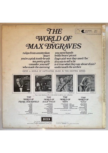 Max Bygraves The World Of Max Bygraves Lp Plak (Orijinal Dönem Avrupa Baskı Plak) fiyatları