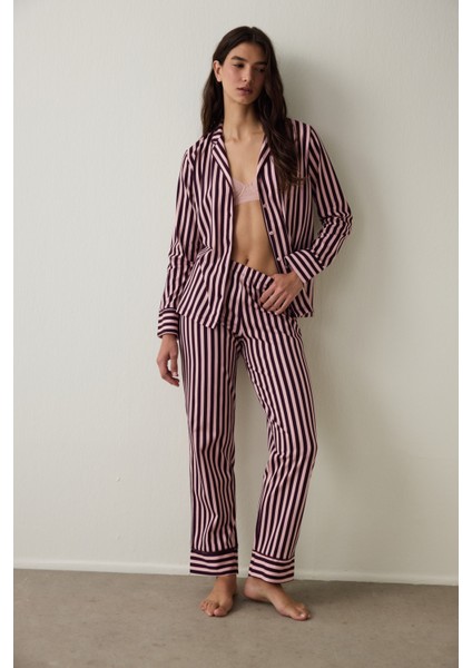 Pembe Puantiyeli Oversize Gömlek Yaka Pamuklu Pijama Takımı