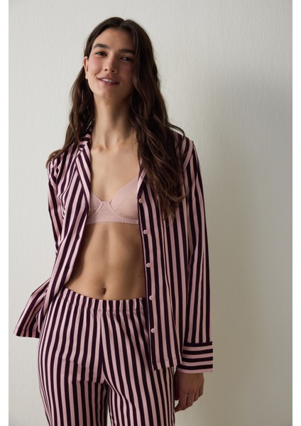 Pembe Puantiyeli Oversize Gömlek Yaka Pamuklu Pijama Takımı modelleri