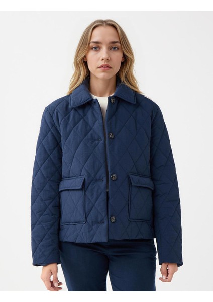 Lacivert Düğme Detaylı Kapitone Desenli Cepli Puf Mont