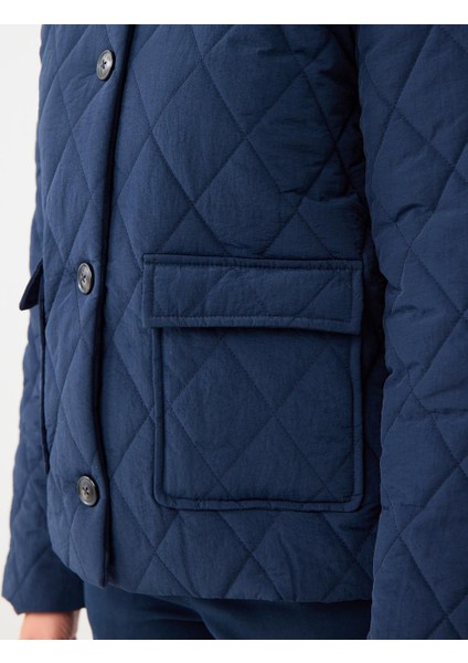 Lacivert Düğme Detaylı Kapitone Desenli Cepli Puf Mont