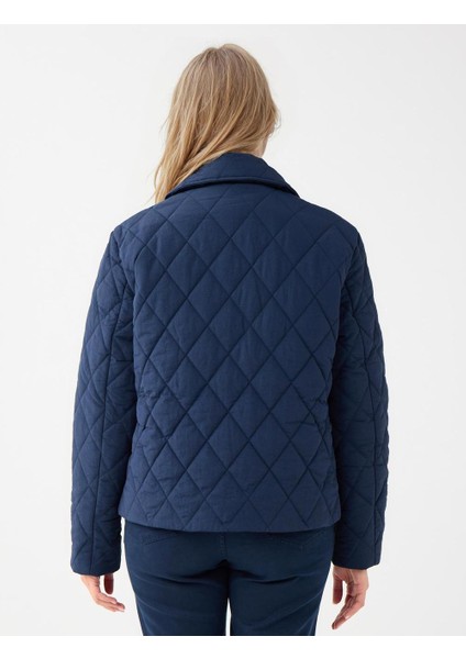 Lacivert Düğme Detaylı Kapitone Desenli Cepli Puf Mont