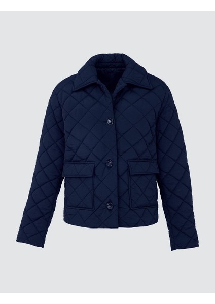 Lacivert Düğme Detaylı Kapitone Desenli Cepli Puf Mont