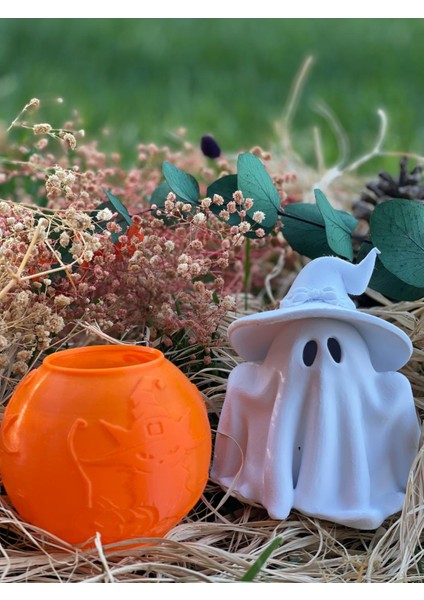 Halloween, Beyaz Sevimli Hayalet ve Kedi Figürlü Tealight, Mumluk, Mumlar Dahildir..