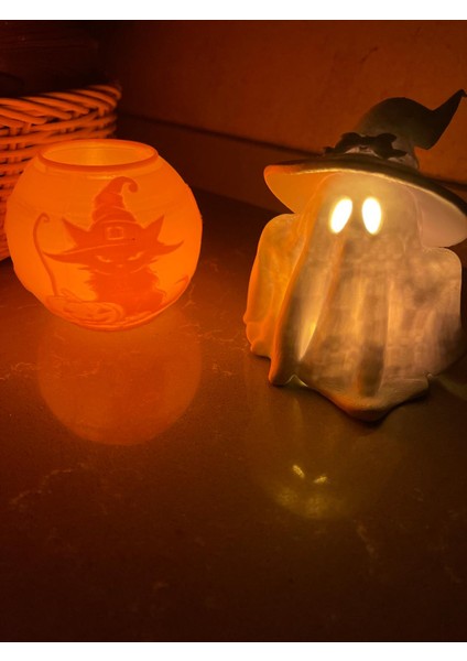 Halloween, Beyaz Sevimli Hayalet ve Kedi Figürlü Tealight, Mumluk, Mumlar Dahildir.. indirimleri