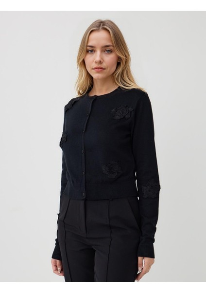 Siyah %100 Pamuk Yuvarlak Yaka Triko Hırka