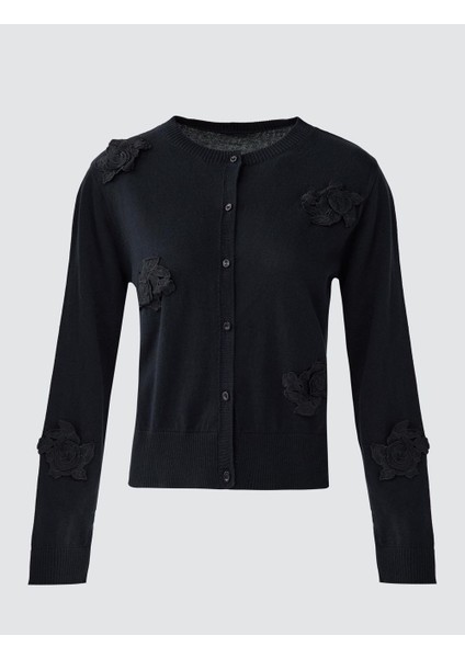 Siyah %100 Pamuk Yuvarlak Yaka Triko Hırka