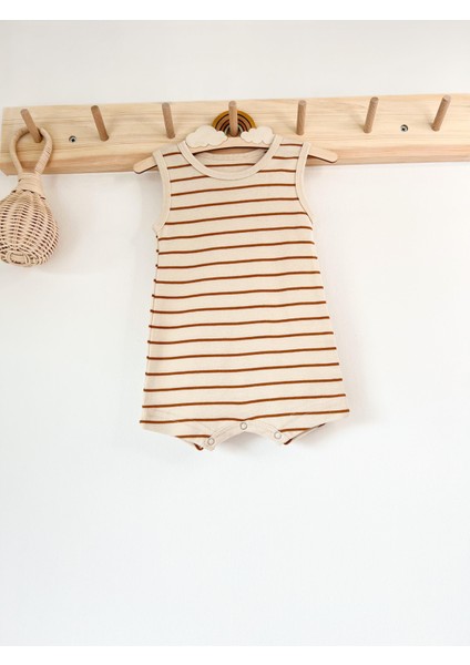 Bej Kiremit Çizgili Askılı Romper Organik Modal Tulum %50 Modal %50 Pamuk