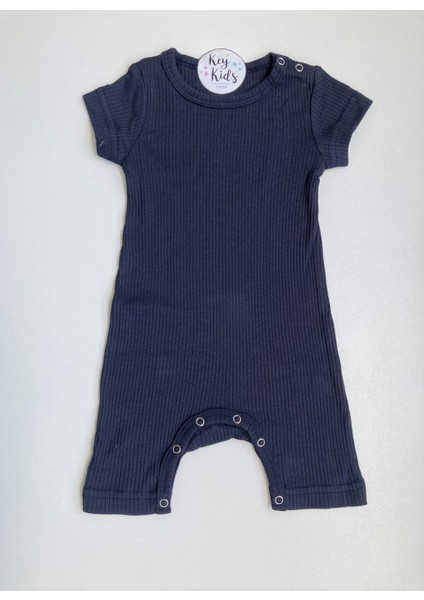 Lacivert Fitilli Modal Pamuk Romper Kısa Tulum Salopet