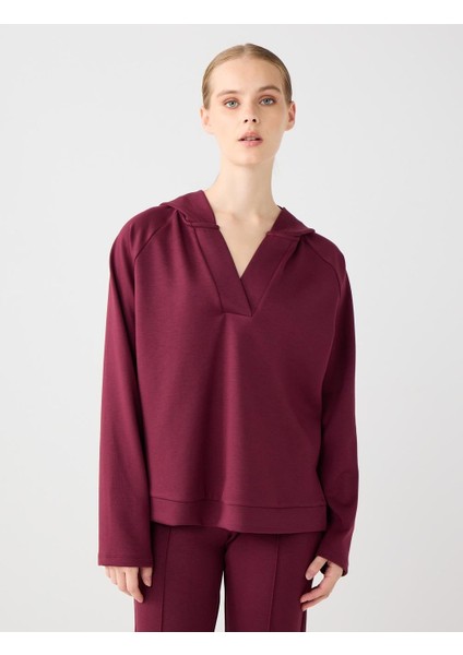 Bordo Uzun Kollu Kapüşonlu Örme Sweatshirt