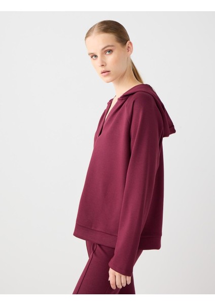 Bordo Uzun Kollu Kapüşonlu Örme Sweatshirt modelleri