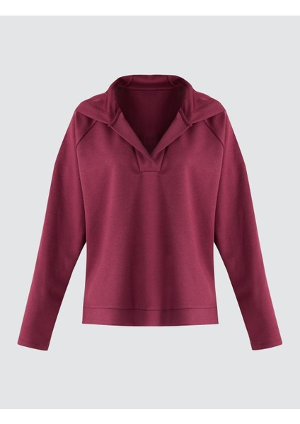 Bordo Uzun Kollu Kapüşonlu Örme Sweatshirt