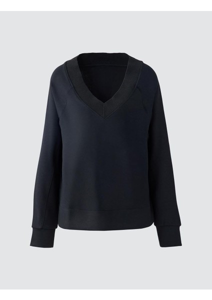Siyah Uzun Kollu V Yaka Örme Modal Sweatshirt