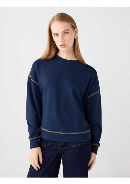 Lacivert Bisiklet Yaka Uzun Kollu Modal Sweatshirt