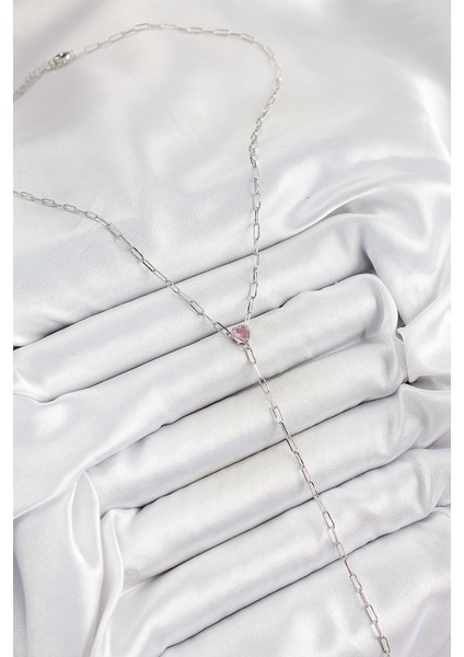 Pirinç Zirkon Taşlı Pembe Kalp Figürlü Y Model Gümüş Renk Kadın Kolye - Lisinya fiyatları