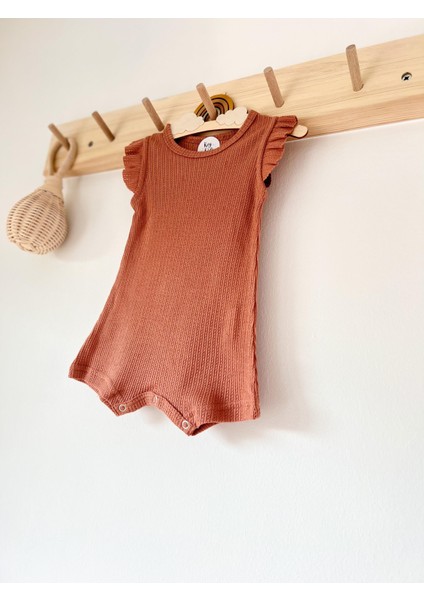 Jakarlı Kiremit Fırfırlı Askılı Romper Organik Modal Tulum %50 Modal %50