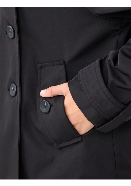 Siyah Kruvaze Yaka Uzun Kollu Trençkot