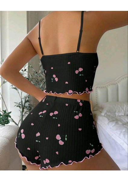 Kadın Siyah Kiraz Desenli Seksi Gecelik Takım 9003