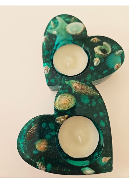 Kalp Formlu Deniz Temalı El Yapımı Epoksi Mumluk– 16.5x8.5x2.5 cm