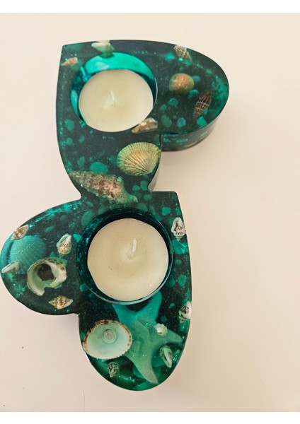 Kalp Formlu Deniz Temalı El Yapımı Epoksi Mumluk– 16.5x8.5x2.5 cm fiyatları