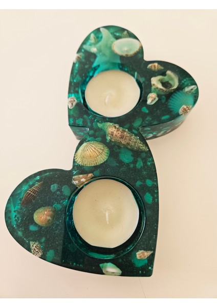 Kalp Formlu Deniz Temalı El Yapımı Epoksi Mumluk– 16.5x8.5x2.5 cm indirimleri