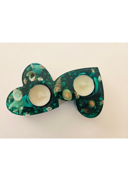 Kalp Formlu Deniz Temalı El Yapımı Epoksi Mumluk– 16.5x8.5x2.5 cm